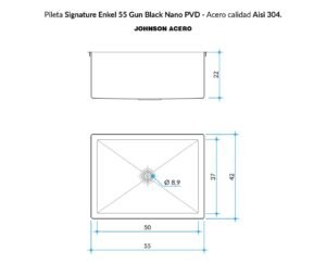 Bacha de cocina Signature Enkel 55 de acero inoxidable con terminación Nano PVD plano tecnico
