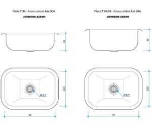 Bacha de cocina T 34 de acero inoxidable AISI 304, compacta para instalación bajo mesada plano tecnico
