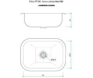Bacha de cocina TT 34 de acero inoxidable AISI 430 con terminación satinada para instalación bajo mesada plano tecnico
