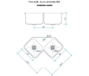 Bacha doble de cocina X28 de acero inoxidable AISI 304 para instalación bajo mesada plano tecnico