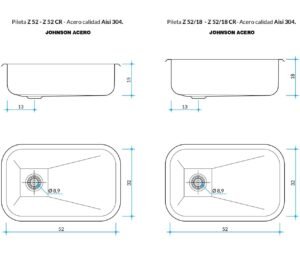 Bacha de cocina Z 52 de acero inoxidable AISI 304 para instalación bajo mesada plano tecnico