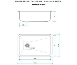 Bacha de cocina ZN 52/18 A de acero inoxidable AISI 304 para instalación sobre mesada plano tecnico