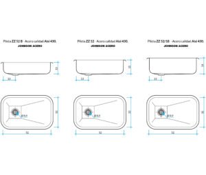 Bacha de cocina ZZ 52 de acero inoxidable AISI 430 con terminación satinada para instalación bajo mesada PLANO TECNICO
