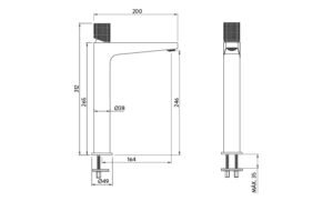 Grifería de baño Peirano Fabric monocomando terminación dorada plano tecnico