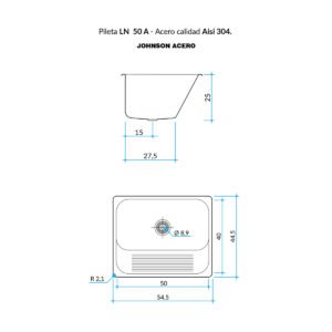 Pileta para lavadero Johnson LN 50 A de acero inoxidable con agujero para grifería plano tecnico