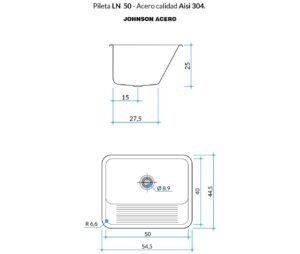 Pileta para lavadero Johnson LN 50 de acero inoxidable plano tecnico