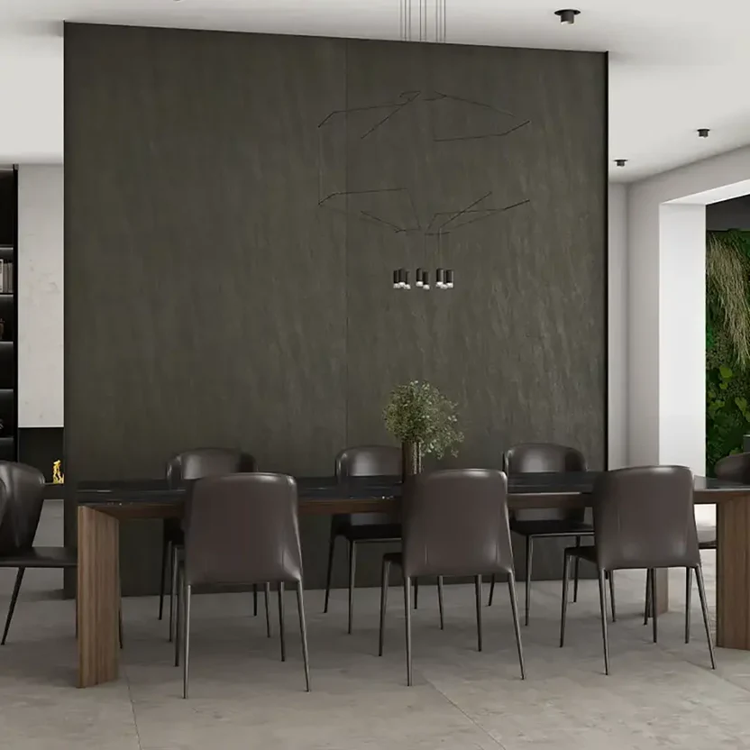 purastone-prima-desert-black-revestimiento-pared Purastone Prima Desert Black, superficie sinterizada revestimiento pared en ambiente de comedor