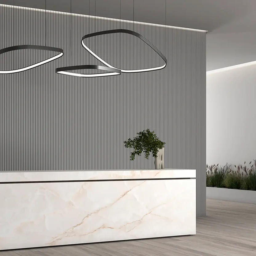 purastone-prima-onyx-white-escritorio-recibidor-hall-entrada Purastone Prima Onyx White, superficie sinterizada en escritorio recibidor de hall de entrada