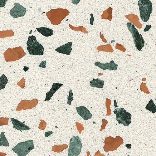 Terrazo Vendome con base clara y fragmentos de mármol verdes, ocres y naranjas, ideal para baños, mesas, pisos y revestimientos.