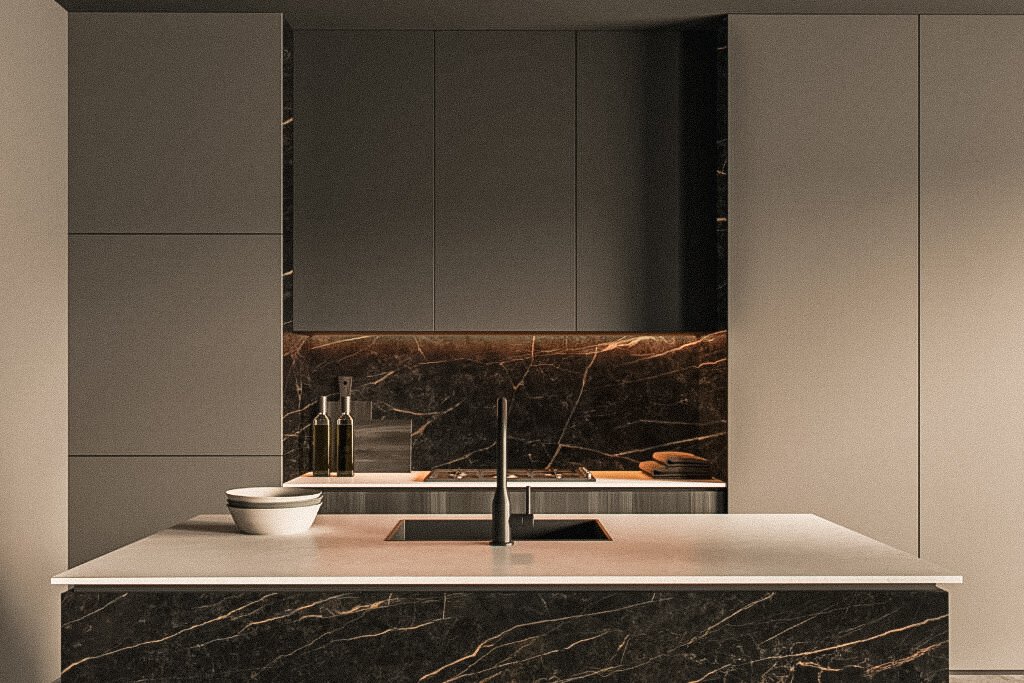 Neolith Black Obsession, piedra sinterizada en mesada cocina e isla con revestimiento