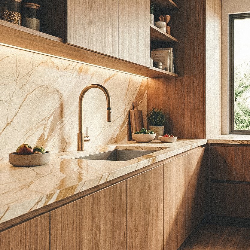 Purastone Prima Toscana Vena mesada y revestimiento de cocina